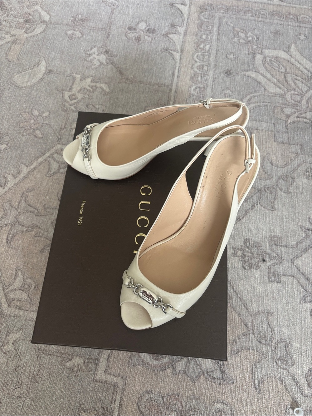 Gucci Cream Leather Peep-Toe Slingback Heels with Silver Tags